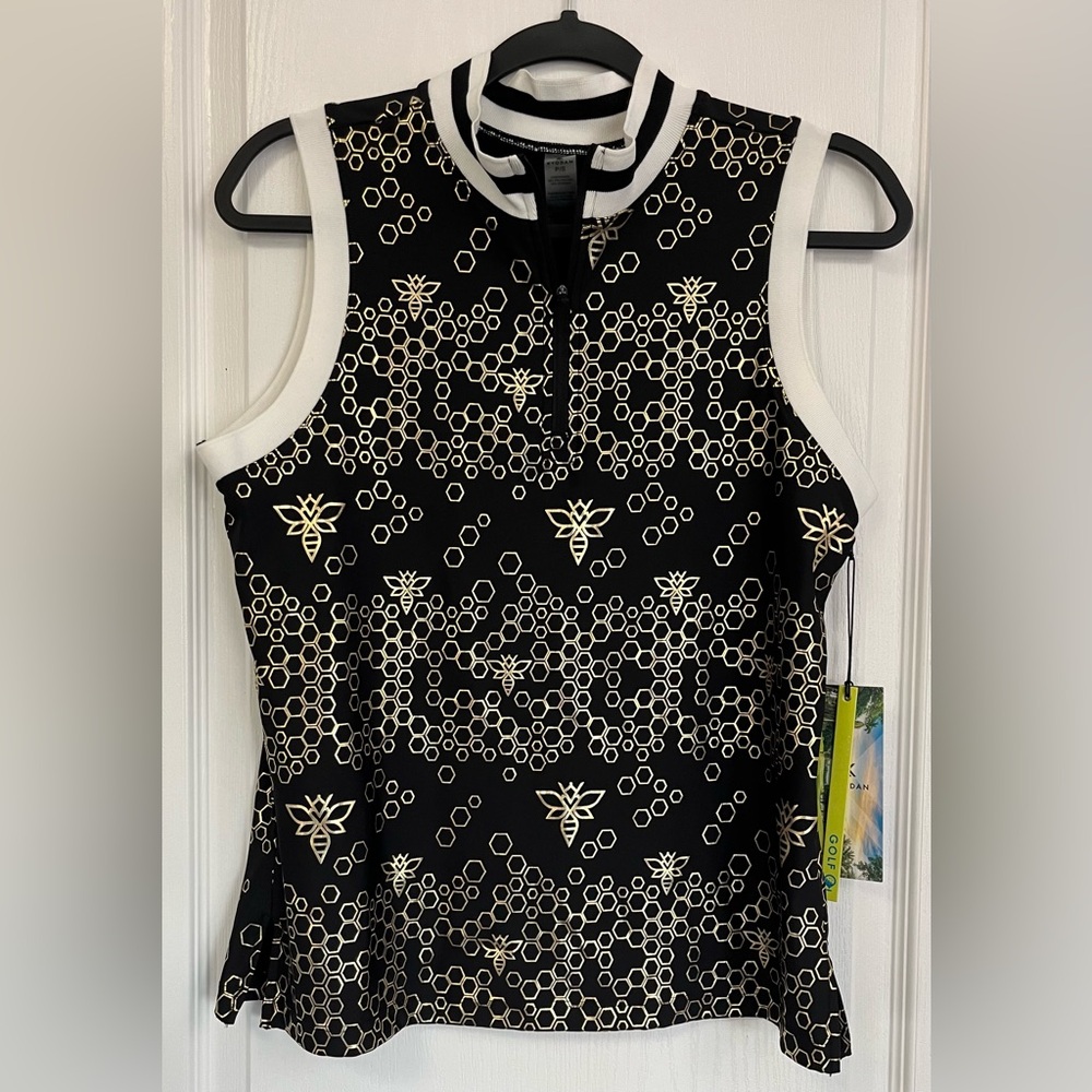 Kyodan Black with Gold Metallic Honey Bee Sleeveless Golf Shirt Small